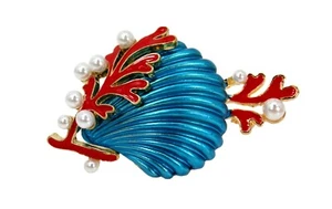 Colorful large sea shell pin brooch with pearls in blue and red colors. New - Picture 1 of 5