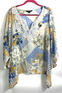Zac & Rachel Woman White Beige Yellow Blue Floral Lace Accent Round Neck Size 1X - Picture 1 of 10
