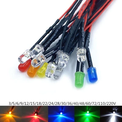 Verkabelt 5mm LED 3V 6V 12V 24V 36V 48V 110V 220V mit 20cm Kabel Leuchtdioden - Image 1 of 4