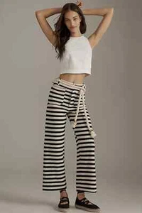 Pantalones Cortos Anthropologie Colette Tejido Rayas Maeve Pierna Ancha Azul Marino Crema 28 NUEVO - Imagen 1 de 5