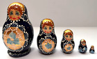 VTG Russian Matryoshka 5 PC Nesting Dolls Hand Painted Blue Gold Gilded, Signed