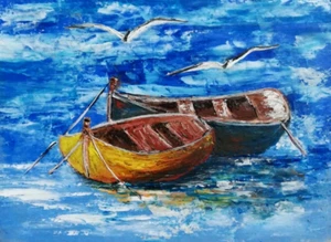 Seelandschaft Meer Ölgemälde mit Booten und Möwen Ölgemälde.Kein Rahmen.15x21 cm - Bild 1 von 4