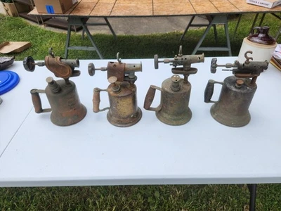 4 antorchas de mano/soplado vintage de metal latón usadas mango de madera Steampunk  Foto 1 de 4