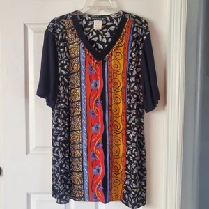Vintage Carol Little Tunic Multi Pattern V-neck Beaded Hippie Bohemian Pullover - Picture 1 of 9