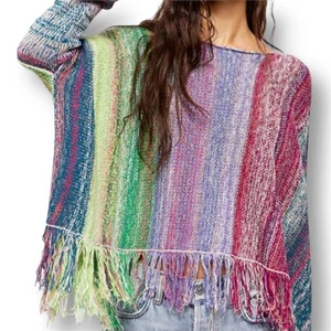 Free People Damen L Radiate Rainbow Striped Fringe Pullover Sweater Boho Neu mit Etikett - Bild 1 von 12