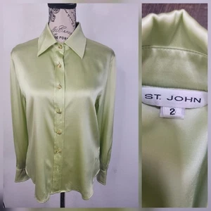 St. John Bluse Damen Gr. 2 Stretch Seide Knopfleiste Hemd grün DEFEKT* - Bild 1 von 12