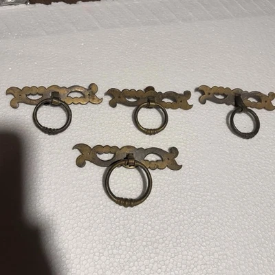 4 Rare Antique Drop Pull Cabinet Drawer Hardware Used Handle Brass Read Descript - Image 1 of 4