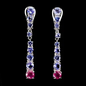 925 Sterling Silver Earrings Round Ruby 4.5mm Tanzanite Natural Gemstone Jewelry - Picture 1 of 14
