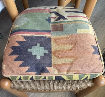 Vintage Patchwork kilim chair cushion with pink piped edge - Image 1 of 4