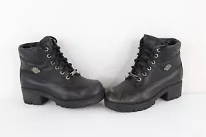 Vtg Harley Davidson Womens 7.5 Distressed Leather Chunky Platform Heeled Boots - Picture 1 of 12