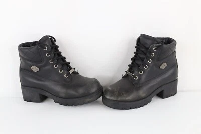 Vtg Harley Davidson Womens 7.5 Distressed Leather Chunky Platform Heeled Boots - Image 1 of 4