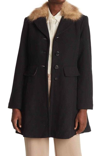 Cappotto di lana nera Kate Spade New York con collare in pelliccia sintetica taglia Large $345