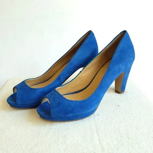 NWB Nine West Trendy Cone Mid Heel Open Toe Shoes Platform Blue Suede US 5,5 - Picture 1 of 8