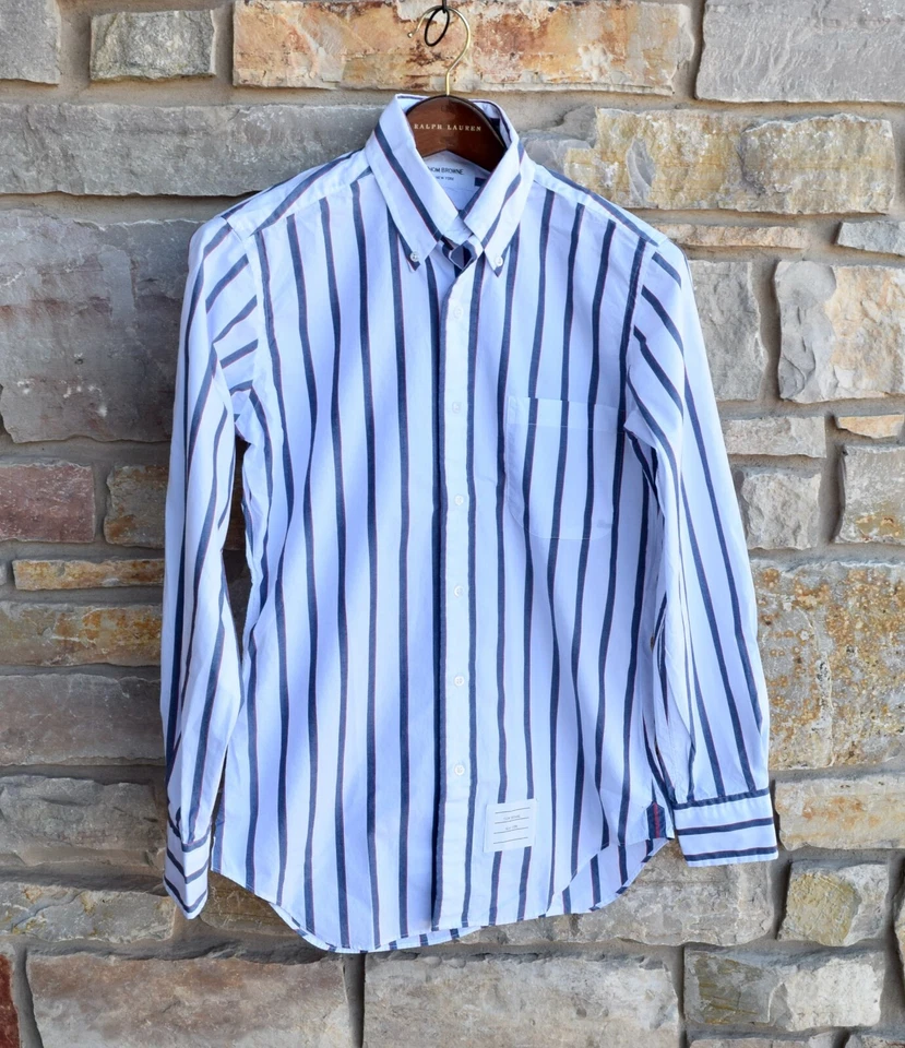 $425 Thom Browne White Shirt Striped L/S Button Down SS16 USA Made Men's Size 1 - Image 1 of 4