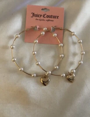 Juicy Couture Gold Tone Hoop Earrings Faux Pearl Accents & Juicy Heart Charm NWT - Image 1 of 4