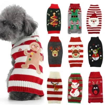 Dog Sweater Christmas Winter Warm Clothes Xmas Outfit Puppy Coat Striped Knitted - Image 1 of 4