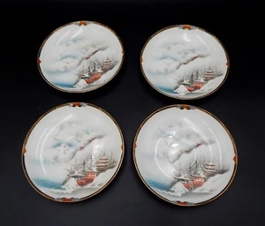 Japanese Kutani Saucer Plate Set Pagoda Winter Volcano S/4 Hand-Painted - Picture 1 of 10