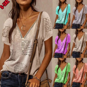 Summer Women's Loose and Casual Zipper V-neck Printed Short-sleeved T-shirt Top - Picture 1 of 55