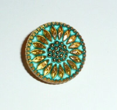 Czech Glass Daisy Flower Gold & Tea Green w Tea Green Wash Shank Button 18mm  - Image 1 of 4