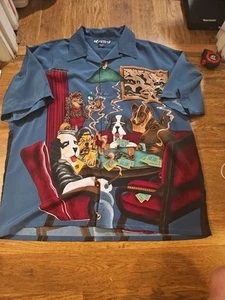 VTG 90s Big Dogs Hawaiian Shirt Men's XL Blue Button Up Cigars Poker Oversized - Picture 1 of 6