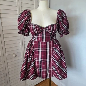 Maeve Anthropologie rot kariertes Puff Minikleid Gr. L weich Punk Landhaus romantisch - Bild 1 von 12