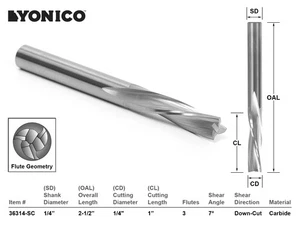1/4" Dia. Low Helix Downcut Spiral CNC Router Bit - 1/4" Shank - Yonico 36314-SC - Picture 1 of 1