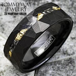 Tungsten Carbide 24K Gold Foil & Meteorite Black Faceted Men's Wedding Band Ring - Picture 1 of 9