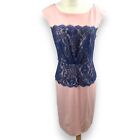 ADRIANNA PAPELL Pink Blush Sheath Dress Navy Lace Overlay Sz 14 Mother of Bride