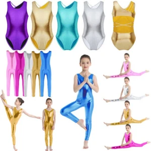 UK Girls Shiny Metallic Ballet Dance UnitardStretchy Gymnastics Leotard Jumpsuit - Picture 1 of 55