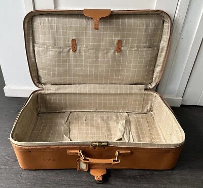 Vintage 1960s 1970s Large Harrods Tan Brown Leather Suitcase Display Prop Repair - Image 1 of 4
