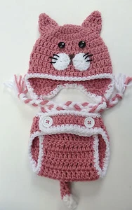 BABY HAT CAT DIAPER COVER SET CROCHET knit infant toddler beanie photo prop - Picture 1 of 3