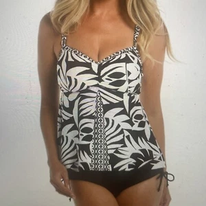 24th & Ocean Antigua Leaf Underwire Flyaway Tankini Top XL Black White - Picture 1 of 8