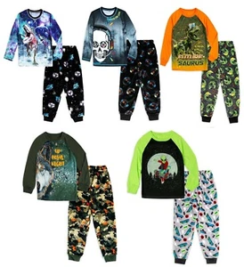 Boys Dino / Wolf / Gaming Skull Long Sleeve Top & Fleece Pants Pajama 2-PC Set - Picture 1 of 17