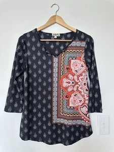 One World Damen XS Navy Paisley 3/4 Arm V-Ausschnitt Top Bluse Shirt - Bild 1 von 5