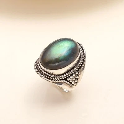 925 Sterling Silver Oval Labradorite Boho Ring Women Anniversary - Image 1 of 4