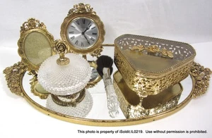 6-PC VINTAGE GOLD ROSE VANITY MIRROR TRAY, CLOCK, FRAME, JEWELRY BOX, GLASS JAR+ - Picture 1 of 12