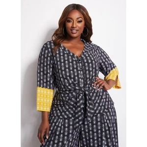 Ashley Stewart Abstract Black Yellow Front Tie Button Front Top Blouse Sz 18 - Picture 1 of 8