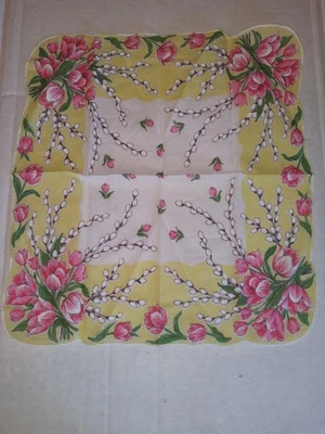 ВИНТАЖНЫЙ носовой платок розовые тюльпаны? Pussywillows! Желтая кайма около 13 x 12 - Изображение 1 из 4