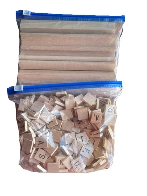 Vintage SCRABBLE GAME PIECES TILES Wood and 8 WOODEN HOLDERS RACKS - Image 1 of 2