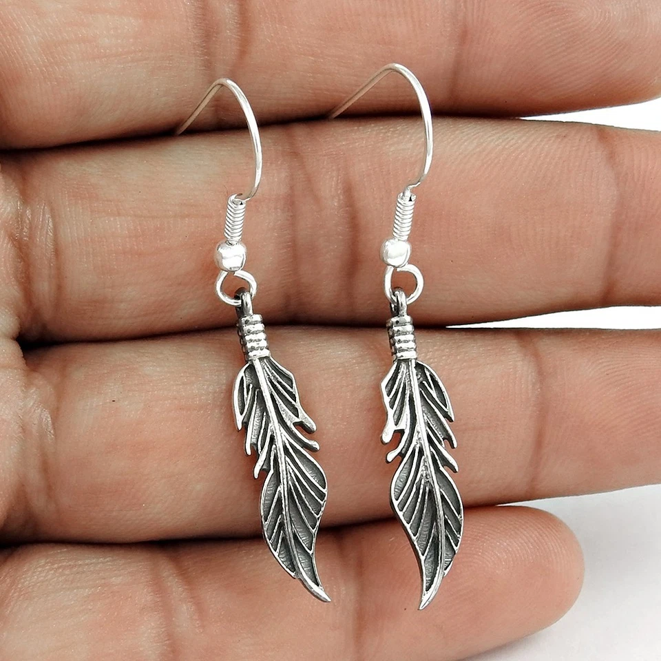 Pluma Pendientes Largos Sólido 925 Plata de Ley Joyería Regalo Navidad para Ella - Imagen 1 de 4