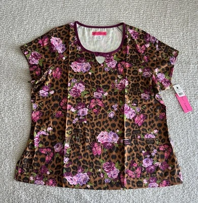 Koi Betsey Johnson Scrub Top Women’s Sz XL Brown Wildlife Roses Nursing Medical - Image 1 of 4