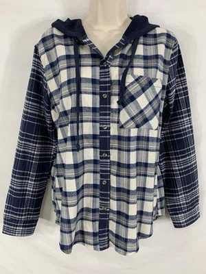 New- HEM & THREAD NADINE Womens S / Small Blue Plaid Hooded Button Flannel Shirt - Image 1 of 4