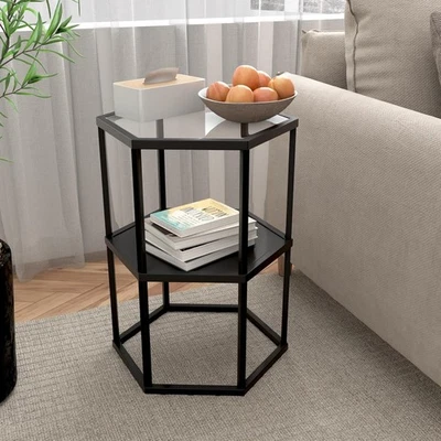Side Table with 2-Tier Storage Shelf, Modern End Tables for Black-hexagonal  - Image 1 of 4