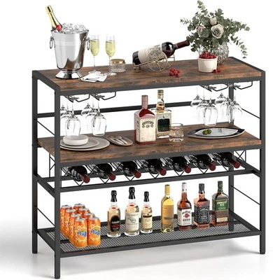 Industrial Wine Rack Table with Glass Holder, 3-Tier Bar Cabinet Storage Unit - Image 1 of 4