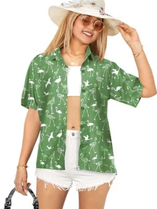 HAPPY BAY Hawaiian Shirts Womens Cotton Linen Effect XL Olive, Flamingo - Picture 1 of 3