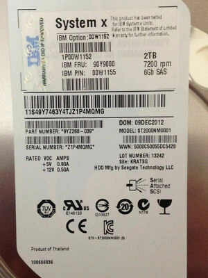 IBM 2TB 00W1152 90Y9000 00W1155 2TB 7.2K 6G 3.5" SAS HARD DRIVE DS3512 EXP3512 - Image 1 of 4