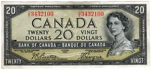 1954 Bank of Canada $20 Dollars Note - Beattie/Coyne - D/E3432100 - VF - Imagen 1 de 2