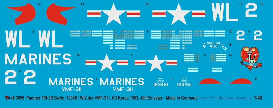Peddinghaus-Decals 1/48 3096 Panther F9F-2B Buno. 123451 Wl 2 Il VMF-311, K-3 K - Immagine 1 di 1