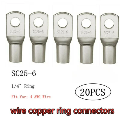 20Pcs 1/4" Gauge 4 AWG Wire Battery Ring Lug Copper Connector Car Audio Terminal - Image 1 of 4