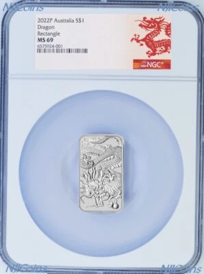 2022 Dragon 1oz .9999 Silver Rectangular $1 Dollar Bar COIN NGC MS 69 Dragon LB - Image 1 of 2